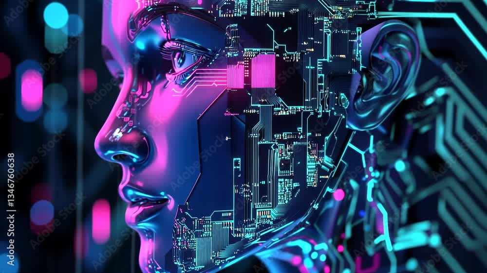 Aufkleber exploring the fusion of technology and art in a futuristic robotic design with vibrant colors and in