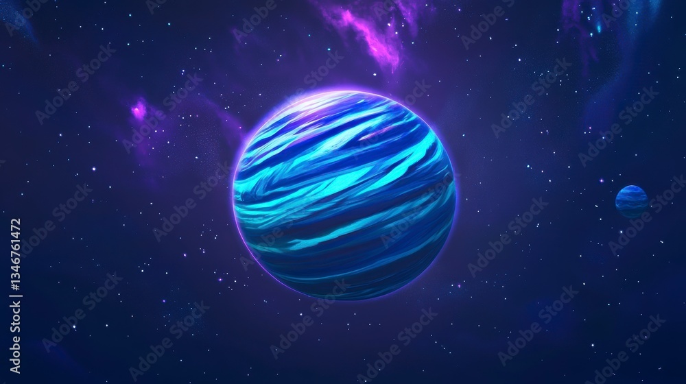 Poster vibrant blue and purple planet in outer space with nebula.