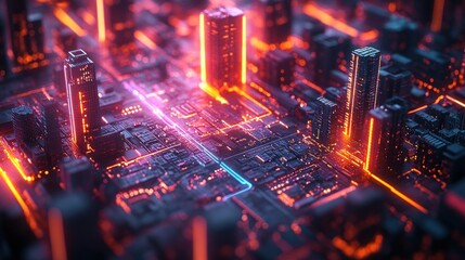 Obraz premium Futuristic city built on a circuit board, glowing neon lights.