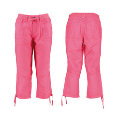 Pink capri with cord. Photo on mannequin without model. Front and back view. Isolated image on a white background. Nobody.