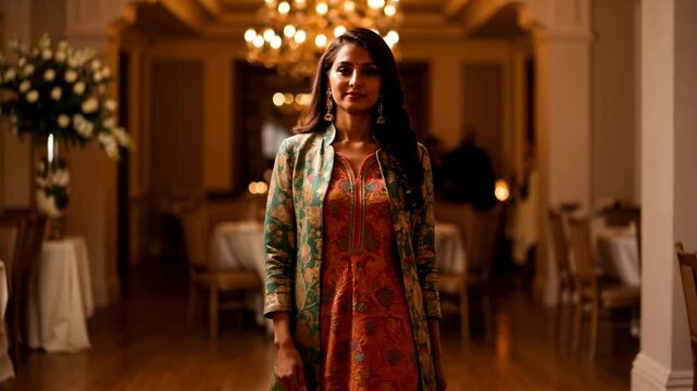 Elegant woman in traditional attire stands confidently in a beautifully decorated banquet hall - kurta indian