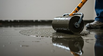 Obraz premium Professional Floor Leveling: A close-up shot capturing a professional worker using a floor roller to meticulously level wet concrete, with a sense of precision and expertise.