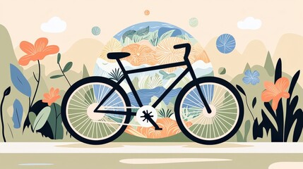 Fototapeta premium Minimal concept with A creative environmental concept featuring a bicycle in harmony with nature, positioned before a radiant, multi-layered paper-cut Earth covered in lush vegetation, vibrant