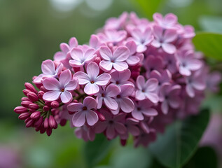 Fototapeta premium Lush lilac bush in full bloom outdoors with vibrant purple flowers, surrounded by greenery, offering ample copy space for design or text placement.
