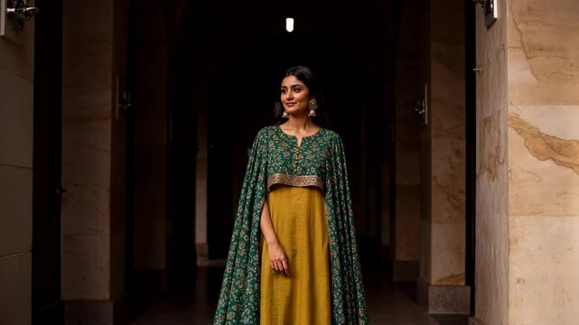 Elegant woman in traditional attire walking through a grand hallway with soft lighting - kurta indian
