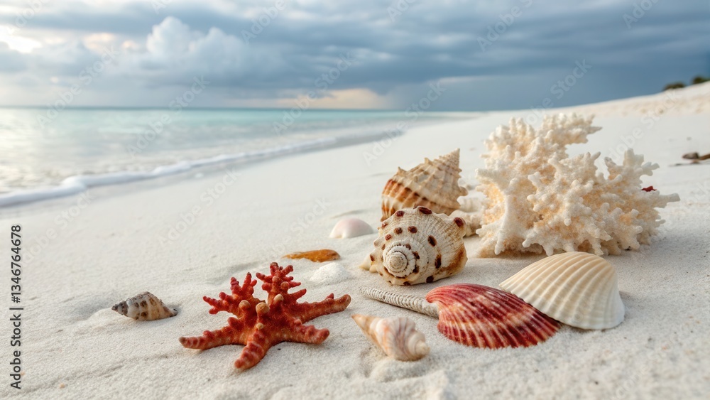 Poster seashells and coral scattered on a tranquil beach shore with gentle waves in the background.