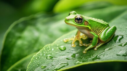 Obraz premium Vibrant green frog perched on a dew-kissed leaf.