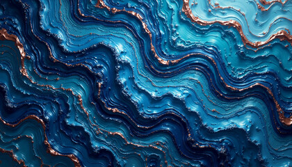 Abstract indigo and turquoise liquid paint with metallic swirls