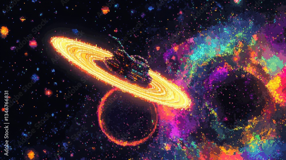 Poster Spaceship orbiting a vibrant nebula and planet with a glowing ring.