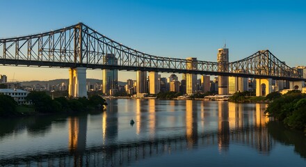 Brisbane Story Bridge at Sunset Reflecting in River with City Skyline View