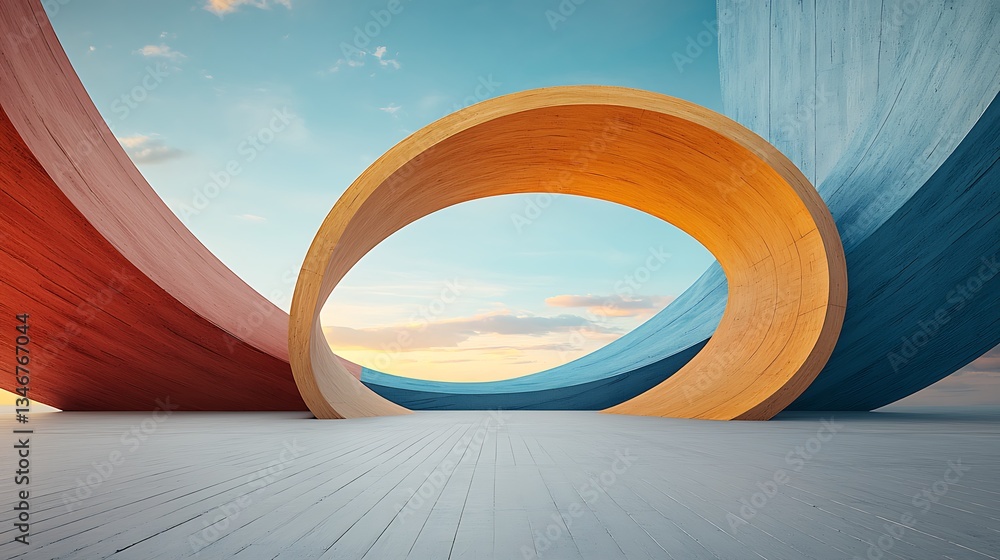 Poster Abstract architectural scene with curved wooden structures, showcasing a modern and minimalist design.  A breathtaking view of the sunset or sunrise through the wooden arches