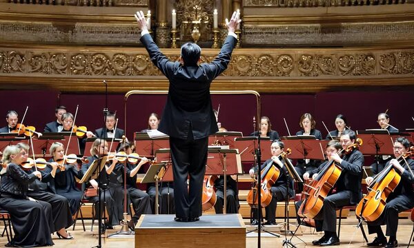 A classical orchestra performance with a conductor leading the musicians during a beautiful concert.