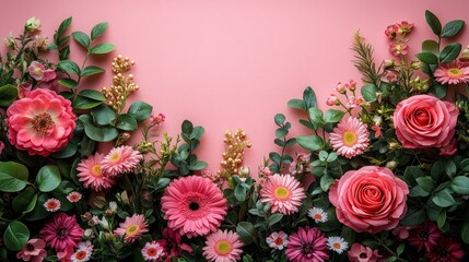 Pink floral arrangement with roses, gerbera daisies, and greenery on a pink background.