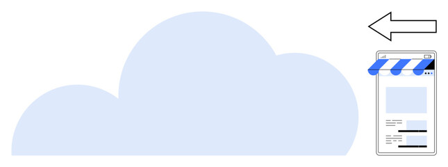 Cloud icon with arrow pointing to a mobile storefront. Ideal for e-commerce, cloud computing, data transfer, online business, digital accessibility, remote storage, technological innovation. Flat