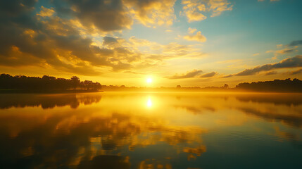 Obraz premium Golden hour serenity tranquil lake wallpaper background nature landscape peaceful viewpoint calm reflection