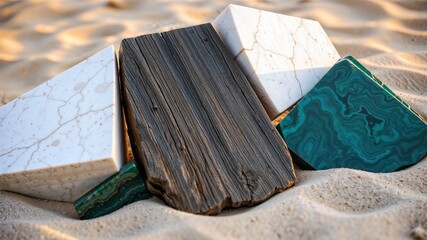 Natural design materials. Collection of luxury surface materials including weathered wood, white marble and teal malachite displayed on sand.