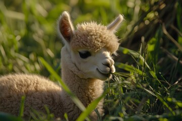 Obraz premium A baby alpaca chewing a strand of hay in a lush green pasture with its thick fluffy coat glowing in the mid morning 