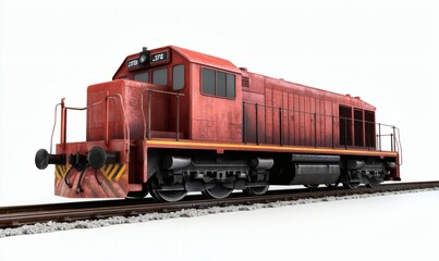 Obraz premium Red Diesel Locomotive on the Railroad Tracks with Heavy Duty Wheels and Metal Construction Under Harsh Weathering Conditions on White Background