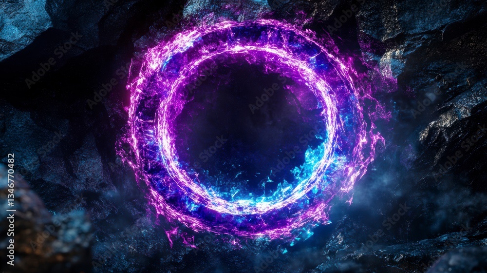Poster abstract neon ring in dark cave. possible use background design