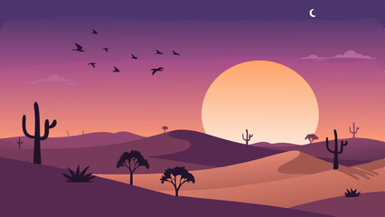 Sunset in the desert. Beautiful sunset over a minimalist desert landscape with silhouettes of cacti and distant mountains. Paint by numbers therapy