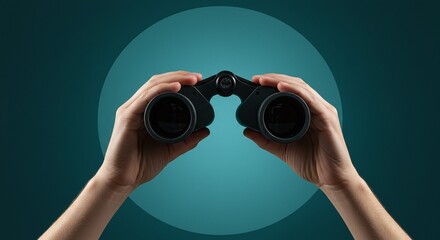Seeking Vision: A person's hands holding binoculars, focusing on the future within a captivating turquoise backdrop.