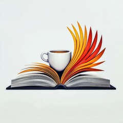 Fototapeta premium coffee lover concept. Book with colorful pages and a coffee cup on top, symbolizing reading.