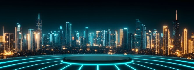 A futuristic podium with sleek neon lighting, set against a sprawling cyberpunk city skyline at night.