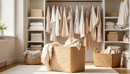 Luxurious laundry basket in elegant walk-in closet, sophisticated lifestyle