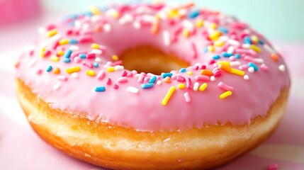 Single pink frosted donut with rainbow sprinkles in sharp focus, resting on a pastel gradient background.