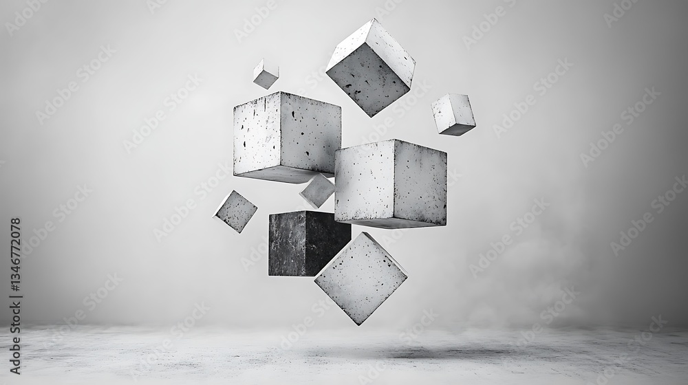 Poster abstract concrete cubes levitating in minimalist setting