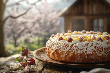 Naklejka premium Traditional polish easter mazurek on vintage plate in blooming orchard