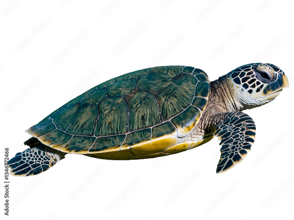 Poster isolated green sea turtle with intricate shell pattern on a solid color backdrop