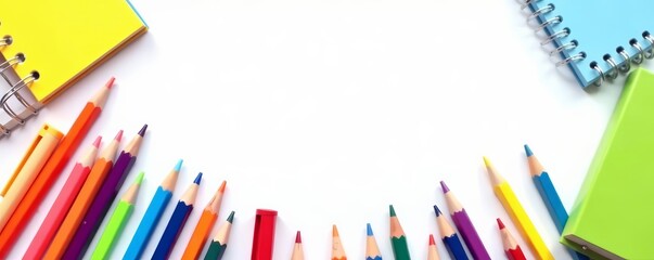 Fototapeta premium Back to school concept with colorful stationery items on white background, stationary, education, pencil