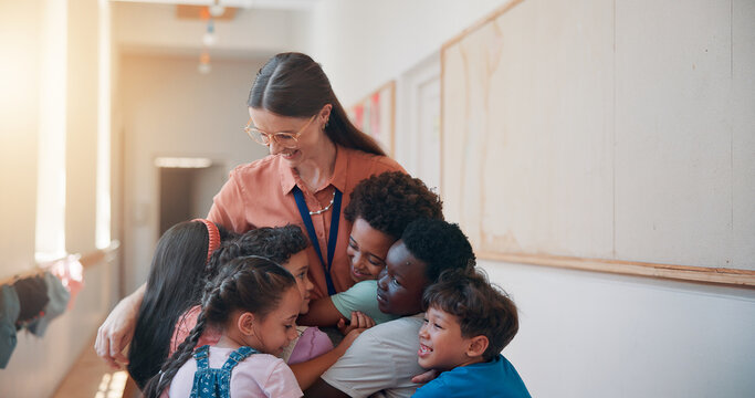 School, love and children hugging teacher for bonding, learning and education development. Happy, connection and kids embracing woman educator for greeting or welcome at kindergarten academy. - Powered by Adobe