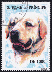 Stamp from Sao Tome and Principe, 1995, features a Labrador Retriever, a friendly and intelligent...
