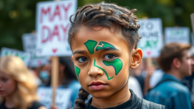 Child Protesting for Earth Day. Close-up of a young child with earth painted on face holding a "MAY DAY" sign during an outdoor environmental protest. - Powered by Adobe