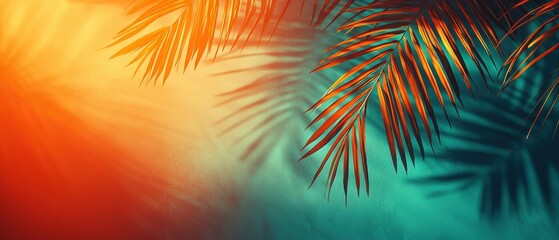Palm fronds dancing at sunset in orange and teal hues
