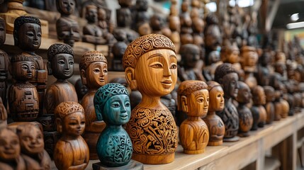 Fototapeta premium Vibrant woodshop market with artisans showcasing carved figurines colorful stained wood polished decorative pieces fine joinery and smooth timber finishes