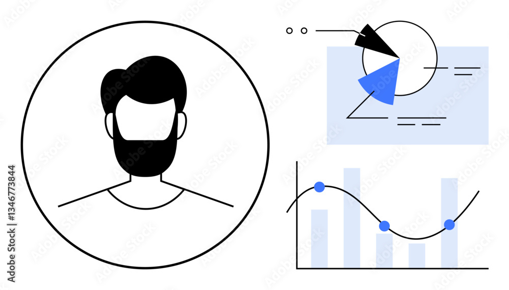 Aufkleber portrait in circle paired with pie chart, bar graph, and line graph. ideal for business analytics, d