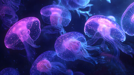 Enchanting mystical bioluminescent jellyfish wallpaper background underwater scene ocean serene viewpoint serenity concept