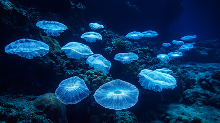 Fototapeta premium Bioluminescent jellyfish display underwater paradise wallpaper background mystical ocean scene vibrant colors tranquil view