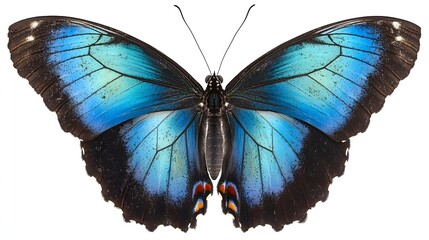 Vivid Blue Butterfly with Intricate Patterns Resting on White Background