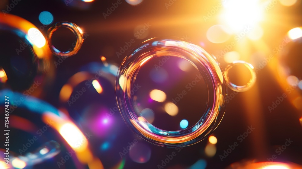 Poster Abstract image of colorful iridescent bubbles floating in dark background with bright light flares.