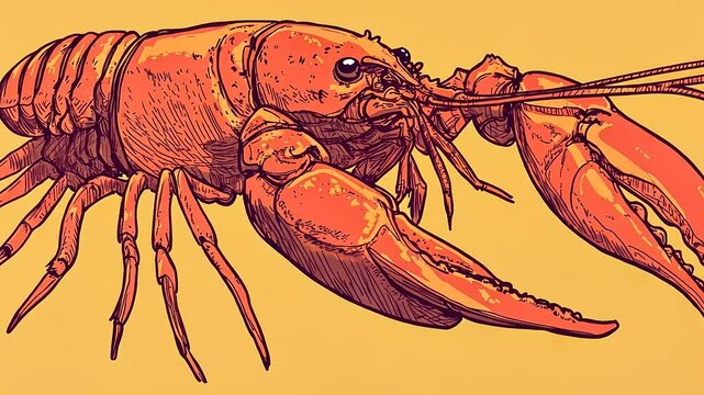 Crayfish Illustration: A Detailed Drawing of a Red Crayfish Against a Yellow Background
