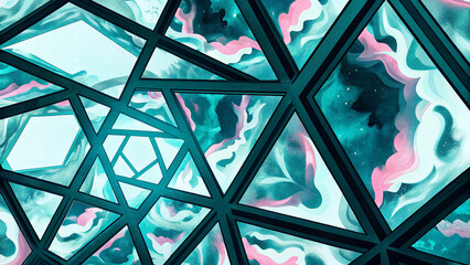Abstract geometric art with colorful shapes and fluid patterns for interior decoration and background