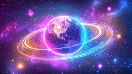 Obraz premium Vibrant Earth glowing in a cosmic nebula with vibrant rings.