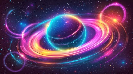 Vibrant neon planet with glowing rings in space.