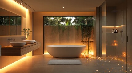 Elegant Modern Bathroom with Freestanding Bathtub and Warm Lighting