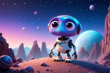 Obraz premium Curious robot explorer standing on an alien landscape under a starry sky at twilight, discovering new worlds beyond Earth