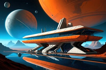 Futuristic space station near vibrant planets in a distant galaxy showcasing advanced architecture and cosmic beauty